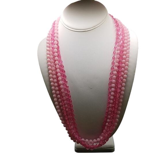 Vintage 1950s Pink Lucite Beaded Necklace 5 Strands Faceted & Opaque Beads - Picture 9 of 10